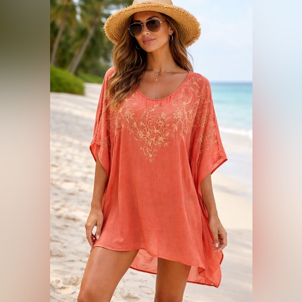 Sundance peach swimsuit coverup embroidered easy slip on dolman sleeves Large